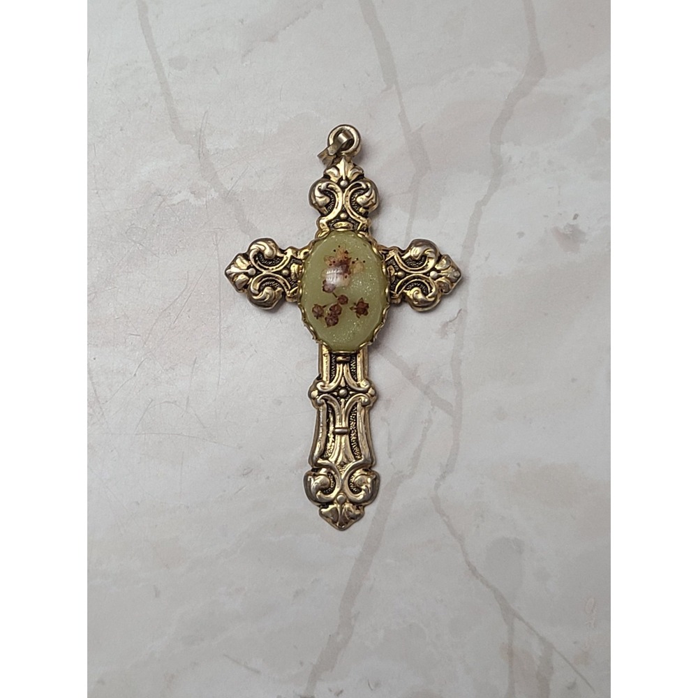 Vintage Gold Tone Cross Pendant With Floral Center Intricate Design